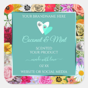 Colourful Flowers Frame Teal Product Labels Hearts