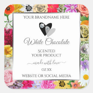 Colourful Flowers Frame White Product Labels Heart