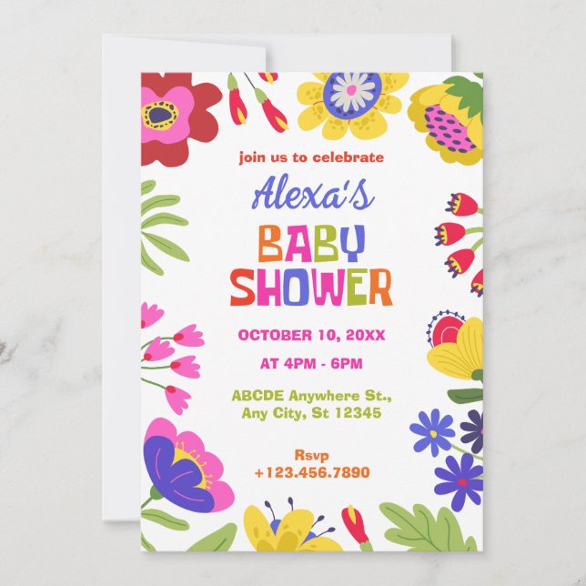 Colourful flowers fun baby shower invitation (Front)