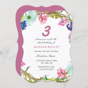 Colourful Flowers Girls 3rd 4th 5th 6th birthday Invitation