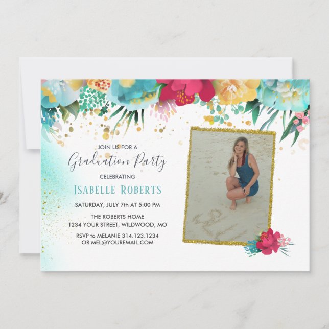 Colourful Flowers Gold Sparkle Glitter Graduation Invitation (Front)