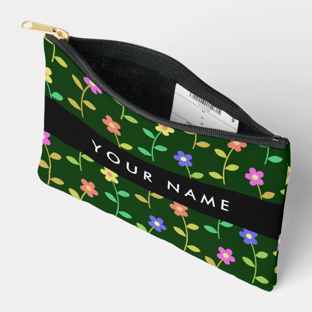 Colourful Flowers, Green Background, Black Accessory Pouch (Open)