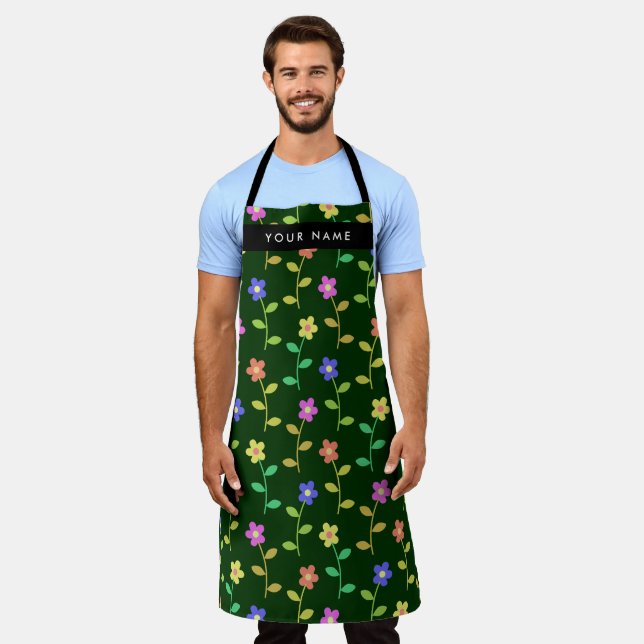 Colourful Flowers, Green Background, Black Apron (Worn)
