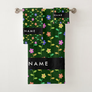 Colourful Flowers, Green Background, Black Bath Towel Set