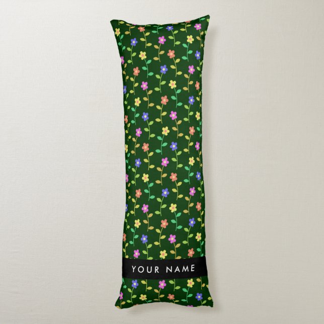 Colourful Flowers, Green Background, Black Body Cushion (Back (Vertical))