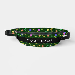 Colourful Flowers, Green Background, Black Bum Bags