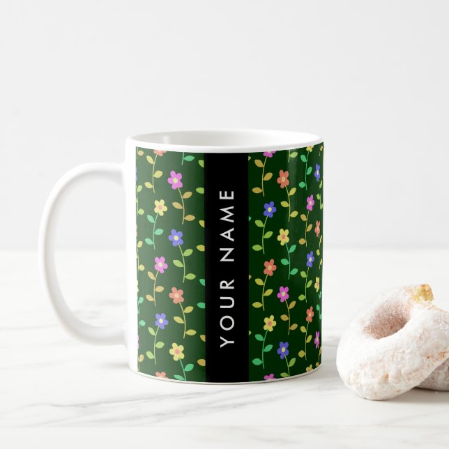 Colourful Flowers, Green Background, Black Coffee Mug (With Donut)