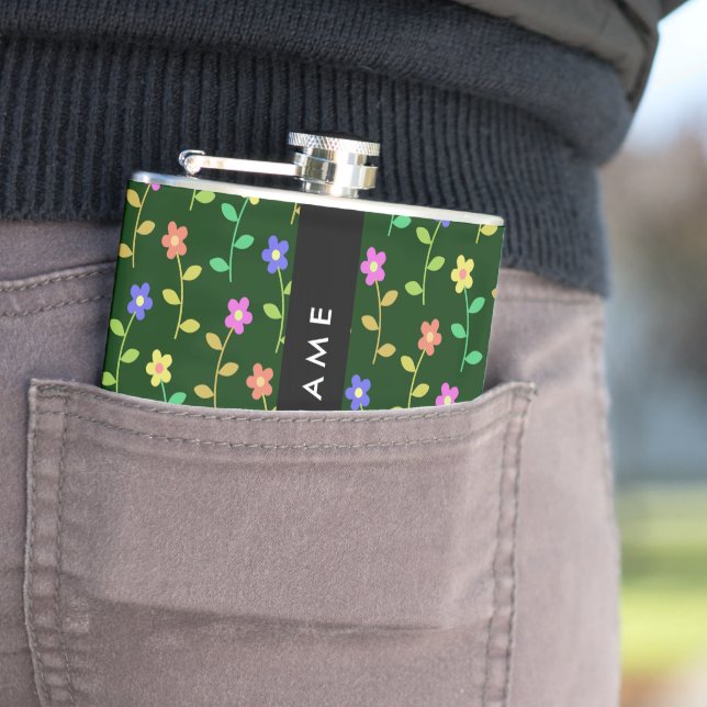 Colourful Flowers, Green Background, Black Hip Flask (In Situ)