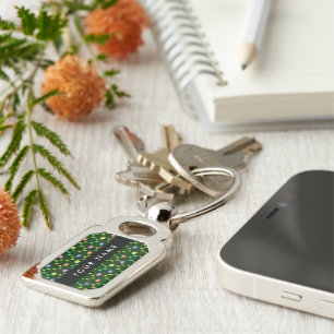 Colourful Flowers, Green Background, Black Key Ring
