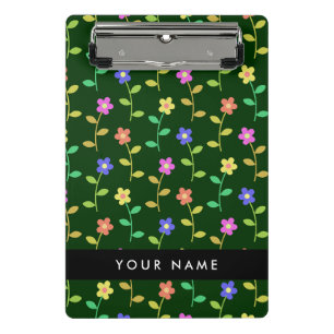 Colourful Flowers, Green Background, Black Mini Clipboard
