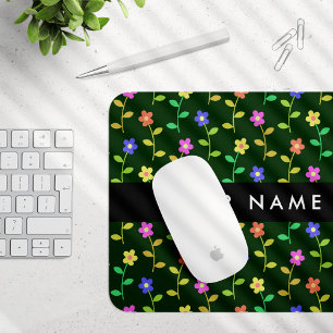 Colourful Flowers, Green Background, Black Mouse Pad