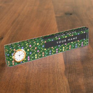 Colourful Flowers, Green Background, Black Nameplate