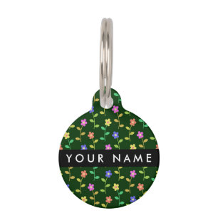 Colourful Flowers, Green Background, Black Pet Tag