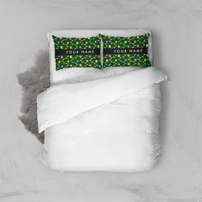 Colourful Flowers, Green Background, Black Pillowcase (Creator Uploaded)