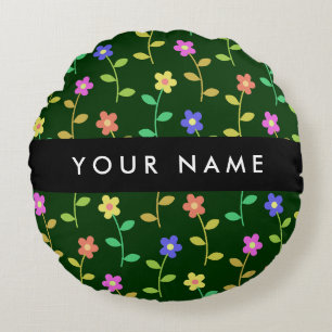Colourful Flowers, Green Background, Black Round Cushion