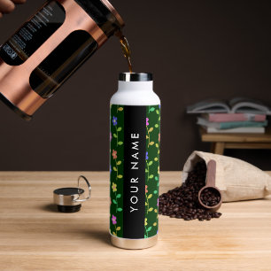 Colourful Flowers, Green Background, Black Water Bottle