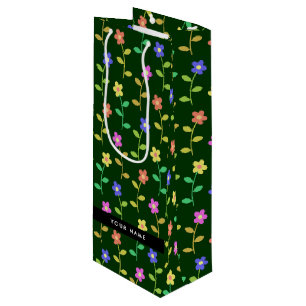 Colourful Flowers, Green Background, Black Wine Gift Bag