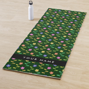 Colourful Flowers, Green Background, Black Yoga Mat