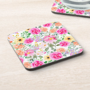 Colourful Flowers Hot Pink Coaster