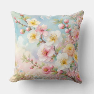 Colourful flowers in soft pastel colours watercolo cushion