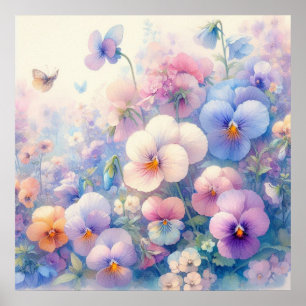 Colourful flowers in soft pastel colours watercolo poster