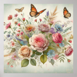 Colourful flowers in soft pastel colours watercolo poster