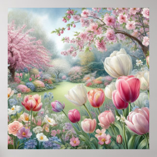 Colourful flowers in soft pastel colours watercolo poster