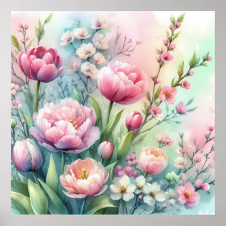 Colourful flowers in soft pastel colours watercolo poster