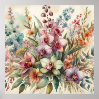 Colourful flowers in soft pastel colours watercolo poster