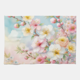 Colourful flowers in soft pastel colours watercolo tea towel