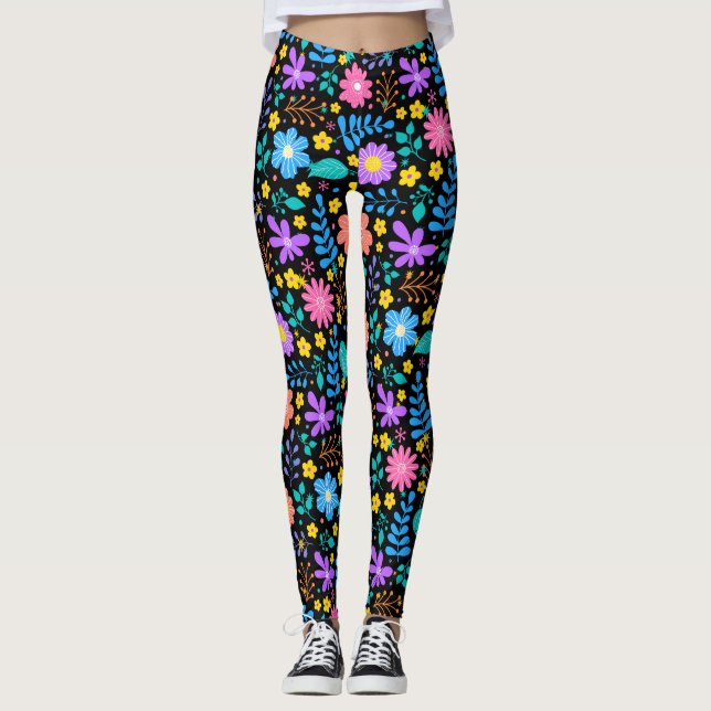 Colourful flowers in sparkling stars pattern Black Leggings (Front)