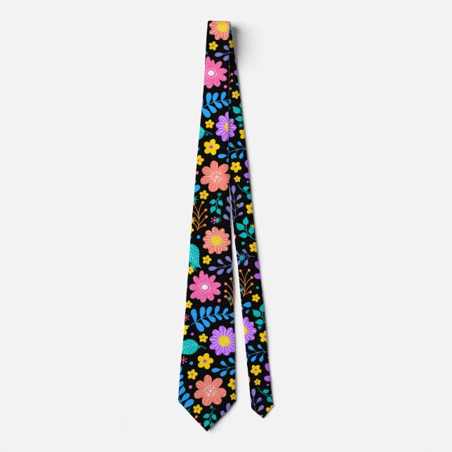 Colourful flowers in sparkling stars pattern Black Tie (Front)