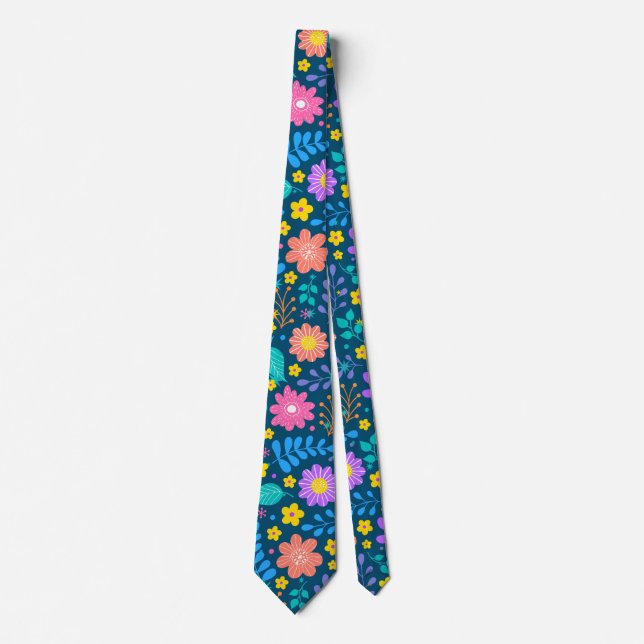 Colourful flowers in sparkling stars pattern D Blu Tie (Front)