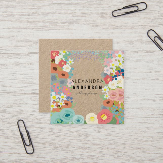 Colourful Flowers Kraft Paper Square Business Card (Front/Back In Situ)