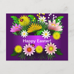 Colourful Flowers Lady Bugs Watercolor Easter Postcard