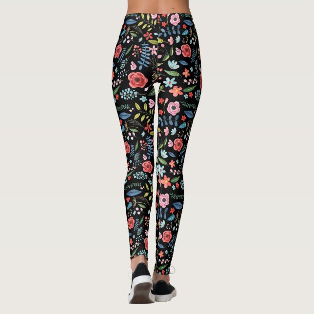 Colourful Flowers & Leafs Botanical Pattern Leggings (Back)