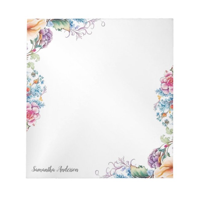 Colourful Flowers Leaves Frame Elegant Modern Notepad (Front)