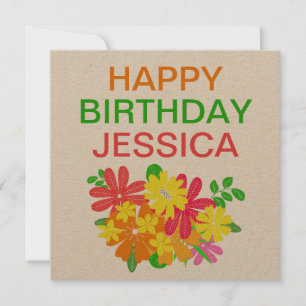 Colourful Flowers Leaves Happy Birthday Name Card