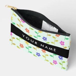 Colourful Flowers, Light Green Background, Black Accessory Pouch