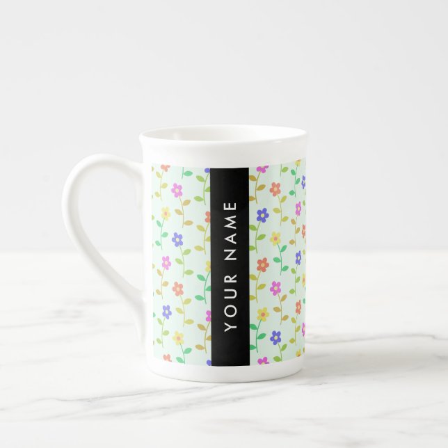 Colourful Flowers, Light Green Background, Black Bone China Mug (Left)