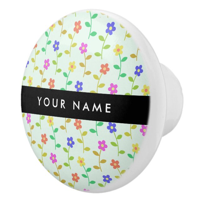 Colourful Flowers, Light Green Background, Black Ceramic Knob (Right)