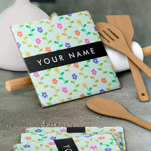 Colourful Flowers, Light Green Background, Black Ceramic Tile