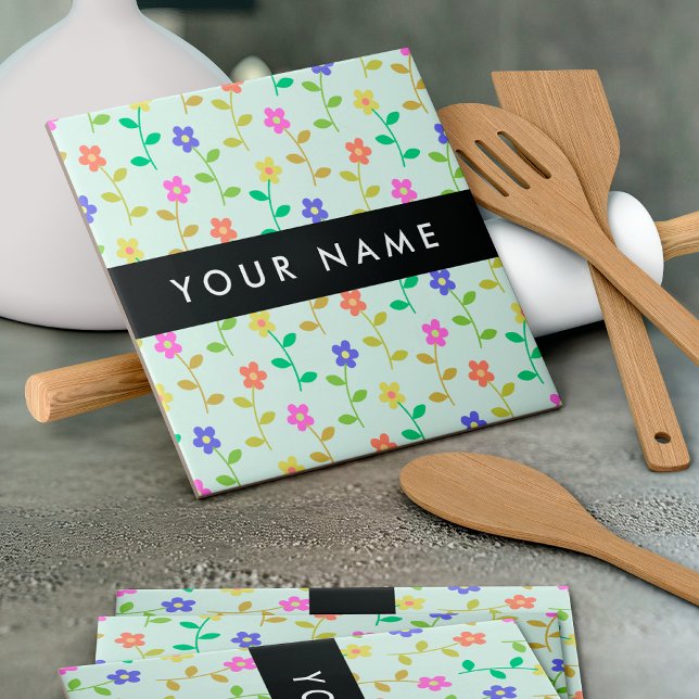 Colourful Flowers, Light Green Background, Black Ceramic Tile (Creator Uploaded)