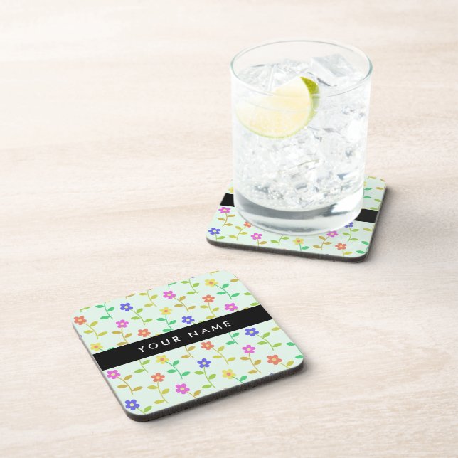 Colourful Flowers, Light Green Background, Black Coaster (Right Side)