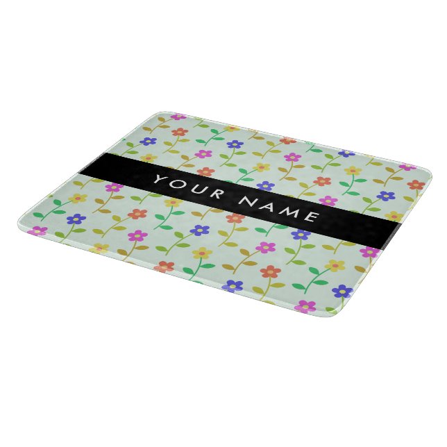 Colourful Flowers, Light Green Background, Black Cutting Board (Corner)
