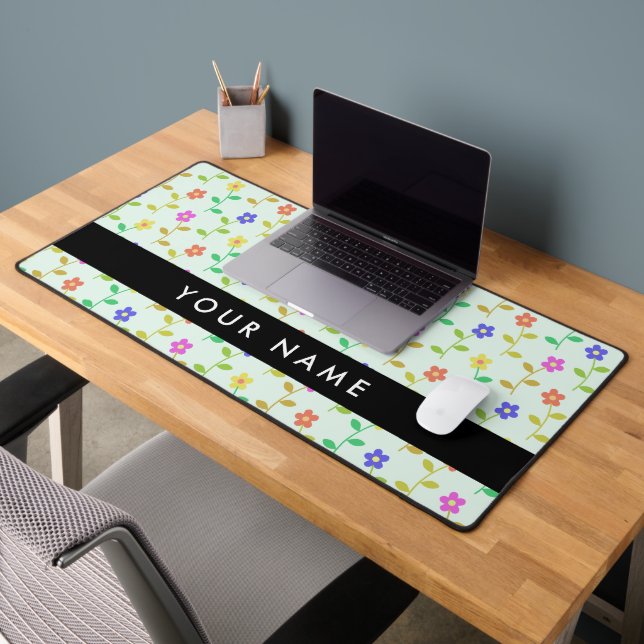 Colourful Flowers, Light Green Background, Black Desk Mat (Office 2)