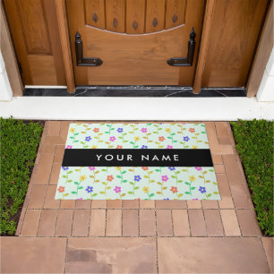 Colourful Flowers, Light Green Background, Black Doormat
