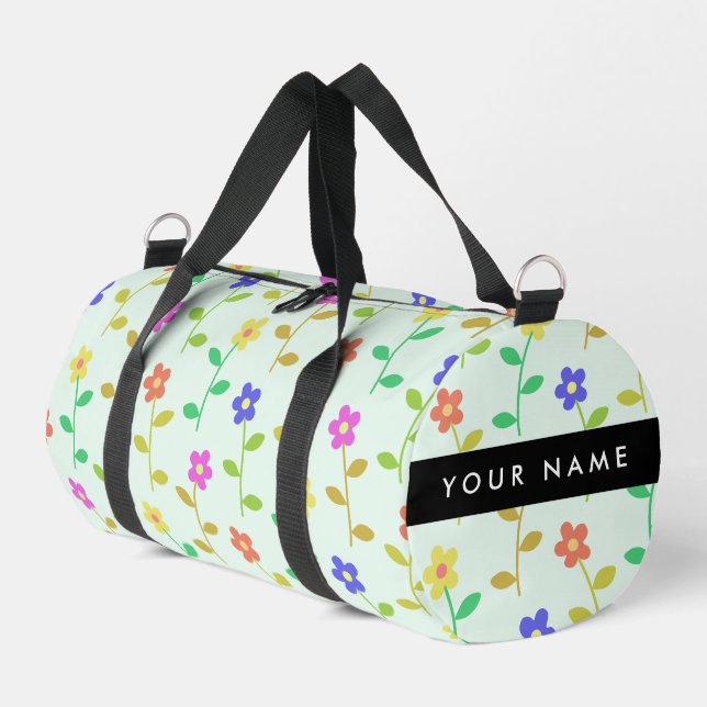 Colourful Flowers, Light Green Background, Black Duffle Bag (Left Corner)