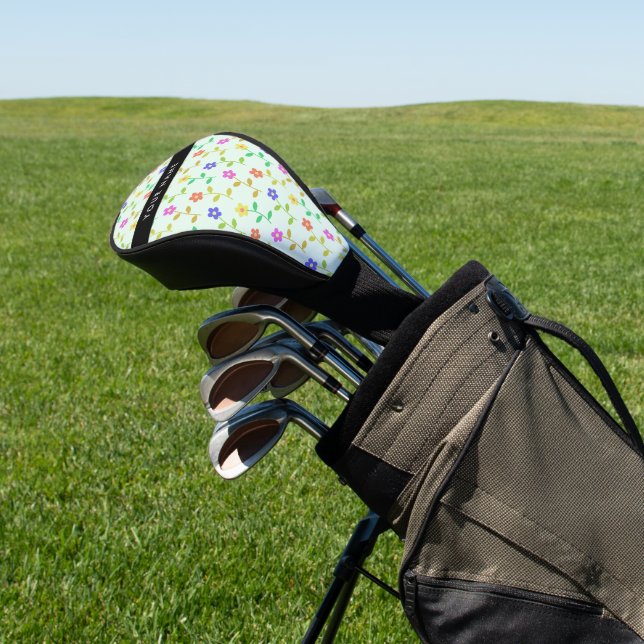 Colourful Flowers, Light Green Background, Black Golf Head Cover (In Situ)