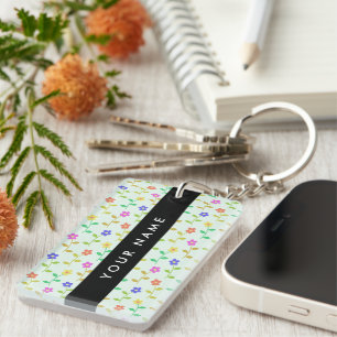 Colourful Flowers, Light Green Background, Black Key Ring